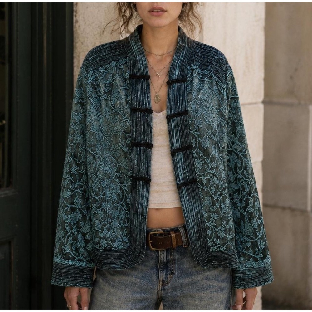 Coldwater Creek Teal Floral Tapestry Frog Toggle Jacket Womens Large Boho